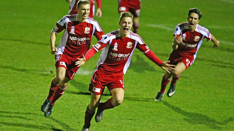 Marcus Schroen of Hume City FC celebrates after scoring against Brisbane Strikers.