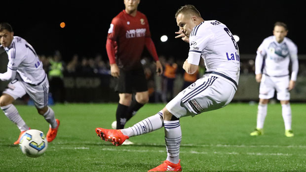 Besart Berisha makes no mistake from the penalty spot to give Victory the lead against Hume City.