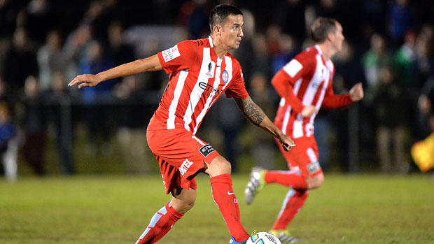 Tim Cahill looks to get a pass away during Melbourne City's FFA Cup clash with Brisbane Strikers.