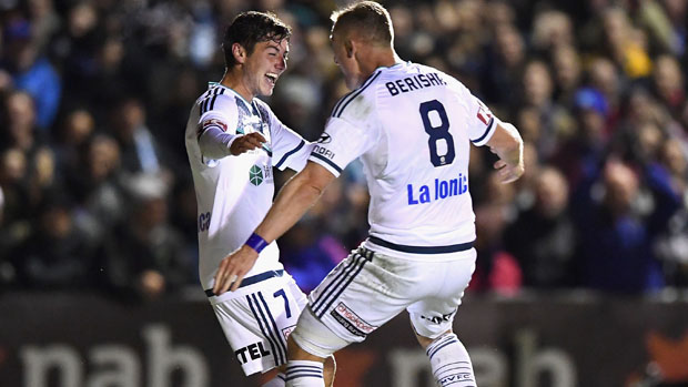Melbourne Victory stars Besart Berisha and Marco Rojas celebrate a goal in their Quarter-Final win over Bentleigh.