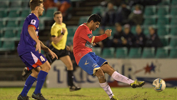 Bonnyrigg attacker Robbie Younis gets a shot away in the 3-0 win over Manly United.