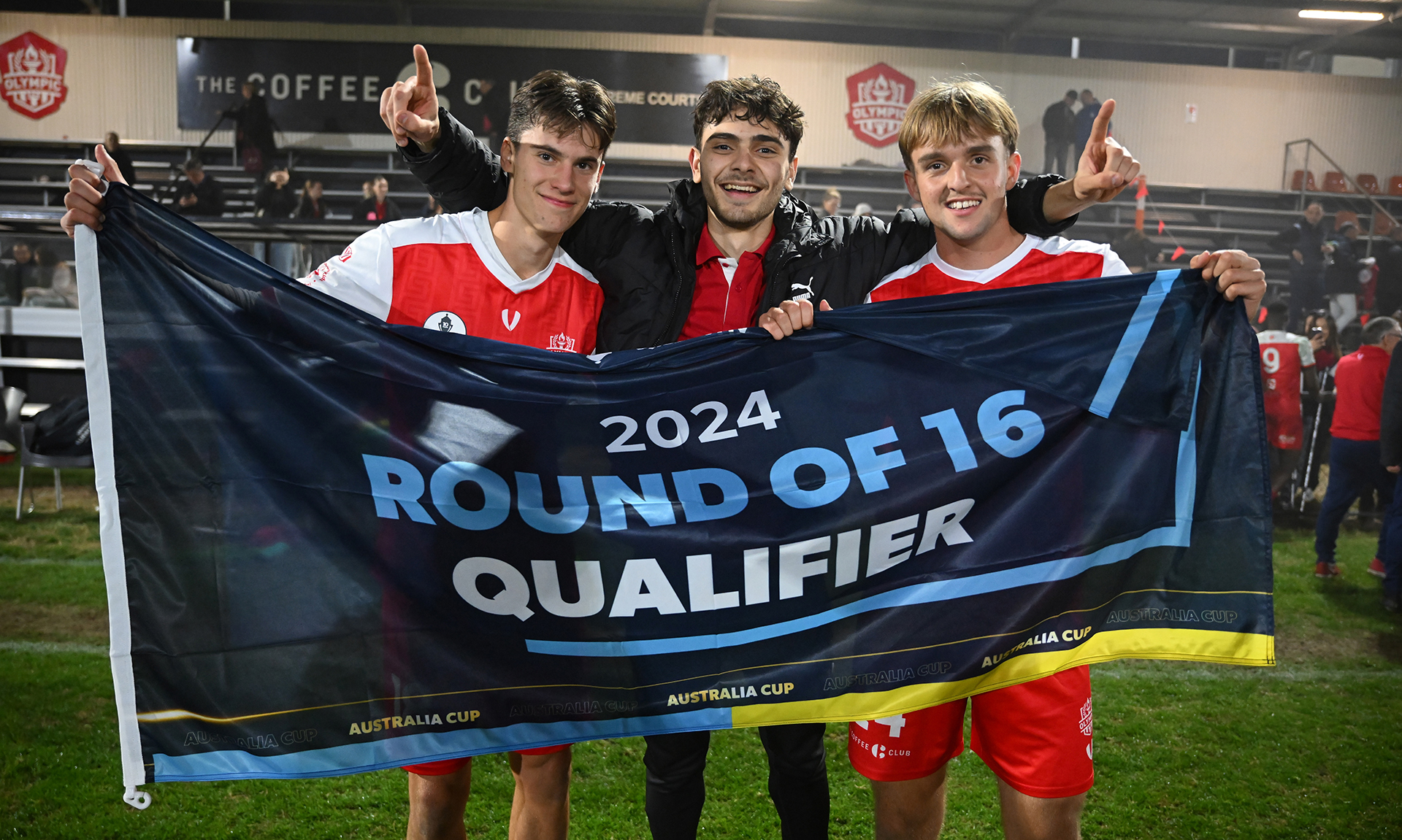 Luka Jankovic and Thomas Larkham of Olympic FC celebrate during the 2024 Australia Cup Round of 32 match between Olympic FC and APIA Leichhardt FC at Goodwin Park on August 07, 2024