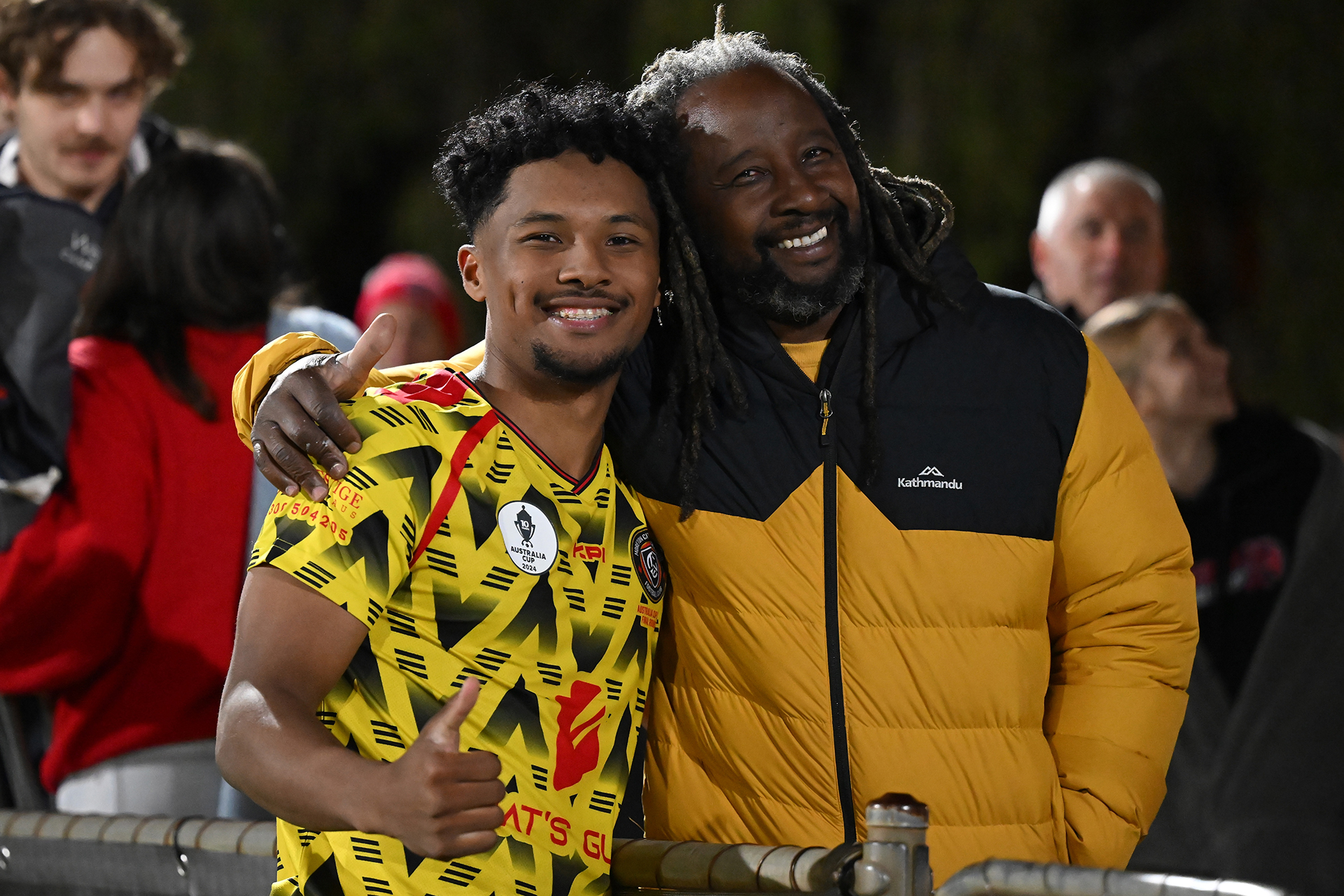Marquez Walters of Moreton City Excelsior with his Father following their 5-1 Australia Cup win over Campbelltown City