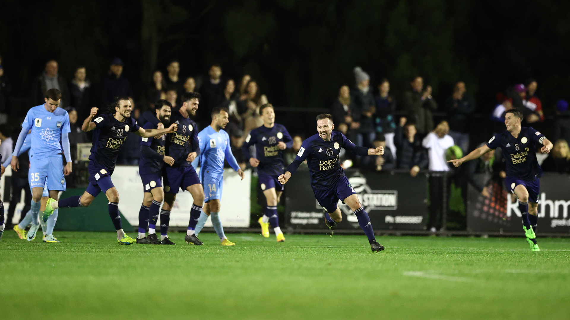 Oakleigh Cannons FC celebrate after they defeated Sydney FC during the Australia Cup Quarter Final match between Oakleigh Cannons FC and Sydney FC at Jack Edwards Reserve