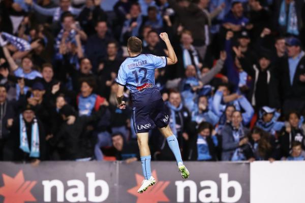Trent Buhagiar celebrates giving Sydney FC the lead early in the second half.