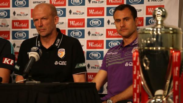 Perth Glory's Kenny Lowe and Richard Garcia at Friday's Westfield FFA Cup final press conference.