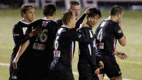 Blacktown City players celebrate a goal in their FFA Cup win over Bonnyrigg.