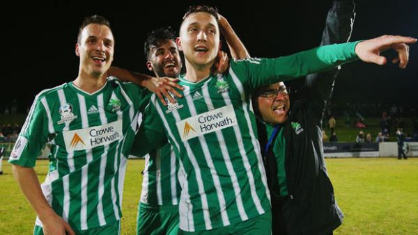 Green Gully striker Liam Boland celebrates his stunning winner against the Mariners.