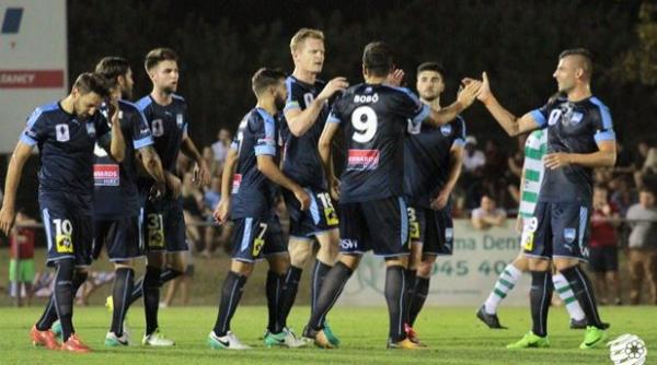 Sydney FC players celebrate a goal in their big Westfield FFA Cup clash against Darwin Rovers.