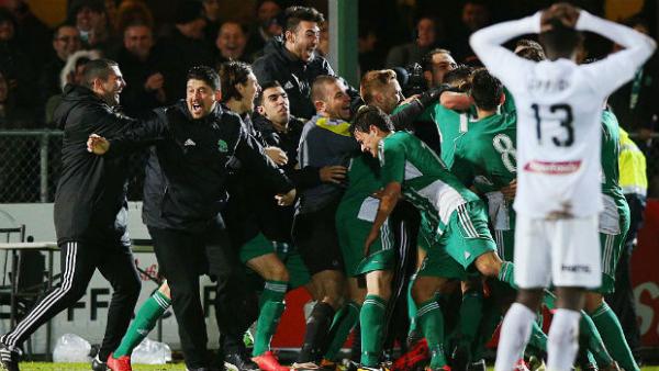 Green Gully celebrate their win over the Mariners in the Westfield FFA Cup Round of 32.