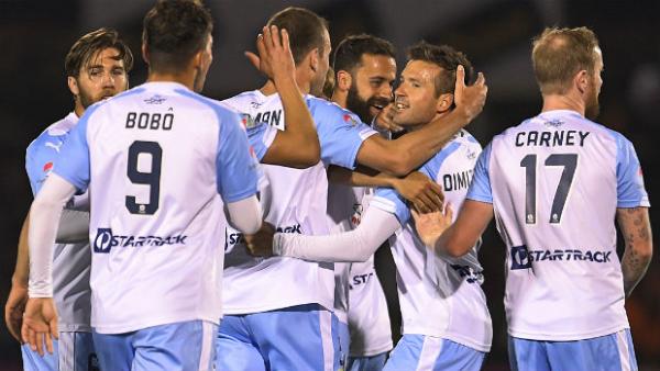 Sydney FC players celebrate their second goal against Canberra Olympic in their Westfield FFA Cup Semi Final.
