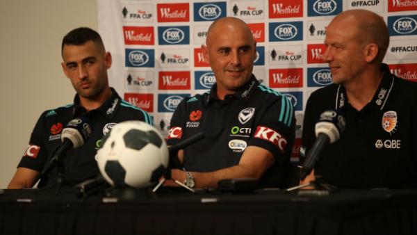 Melbourne Victory's Carl Valeri and Kevin Muscat and Glory's Kenny Lowe at Friday's press conference.