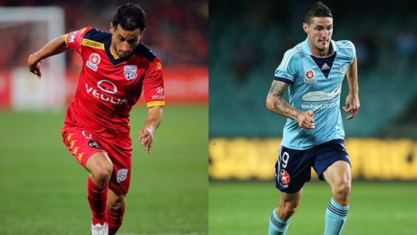 Adelaide United's Sergio Cirio and Sydney FC's Corey Gameiro.