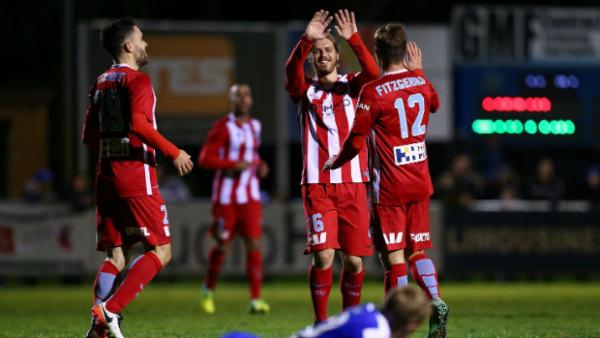 Melbourne City players celebrate Nick Fitzgerald's opener against Floreat Athena in the Westfield FFA Cup.
