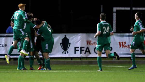 Green Gully players celebrate a goal in their 2-1 win over Central Coast Mariners.