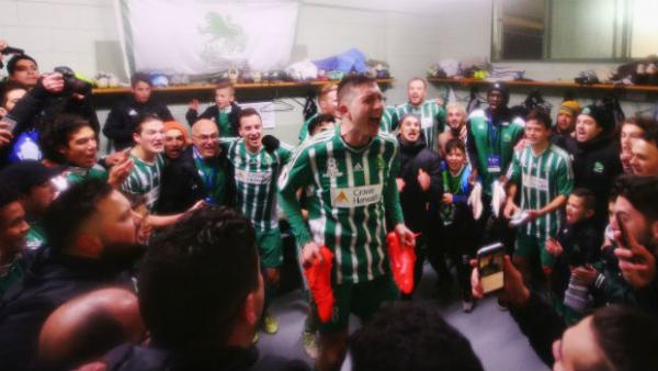 FFA Cup goal hero Liam Boland leads the celebrations in the changeroom after Green Gully beat the Mariners in the Round of 32.