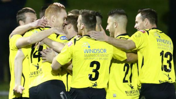 Heidelberg players celebrate scoring the fastest goal in Westfield FFA Cup history.
